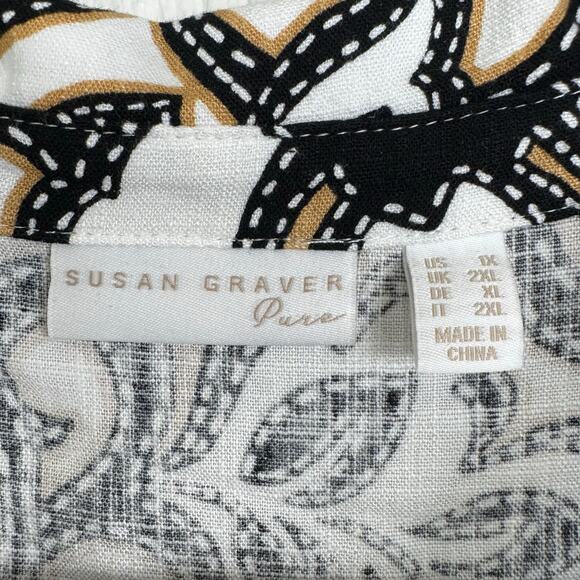 Susan Graver PURE Printed Linen Blend Elbow Sleeve Camp Shirt Black Tan Size 1X - Picture 7 of 9